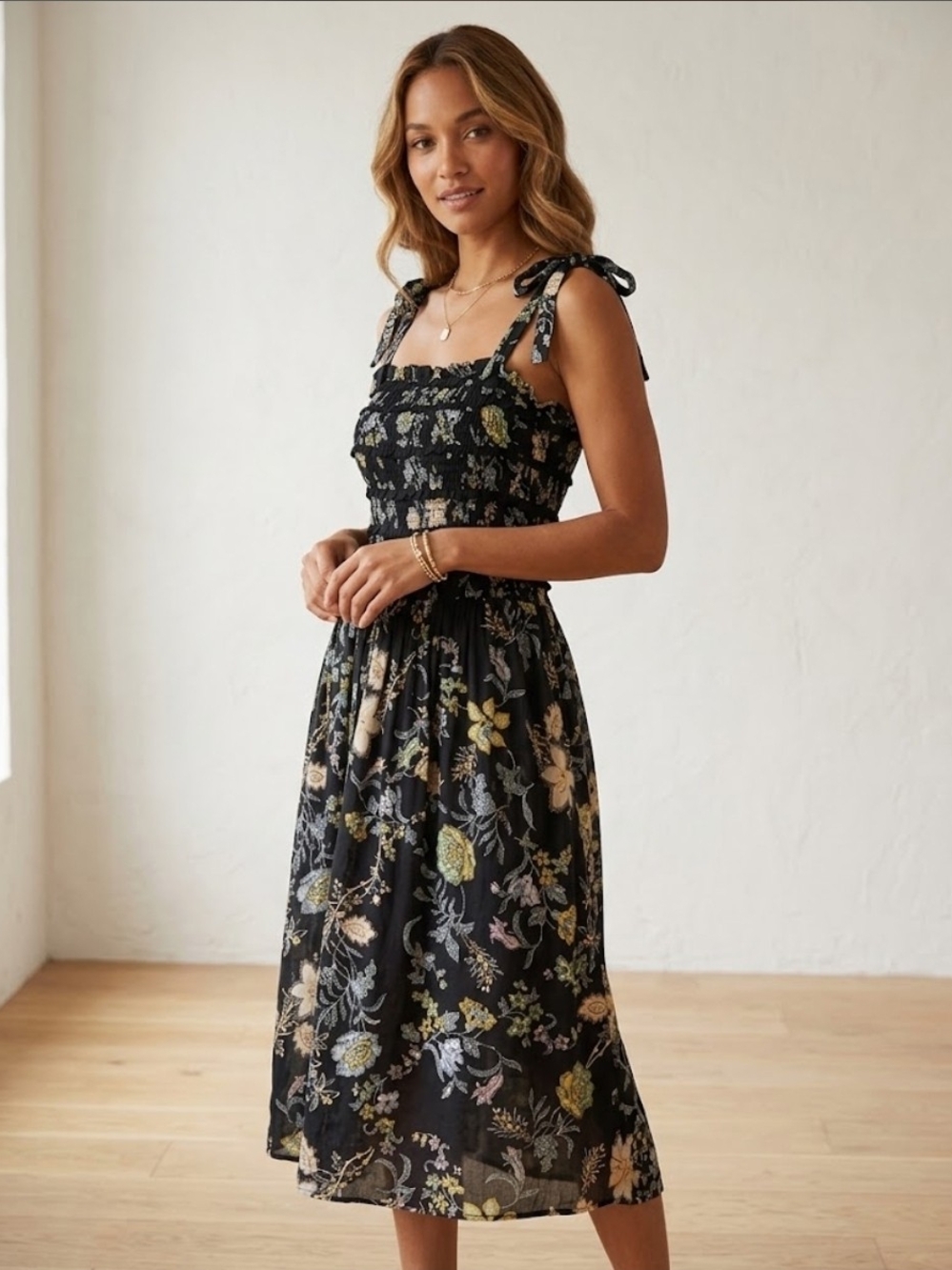 Free People Black Isla Floral Tie Shoulder Smocked Boho Whimsigoth Midi Dress
